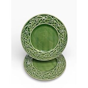 (2) Bordallo Pinhiero Green Christmas Holly Salad Plate 8" Leaves Border